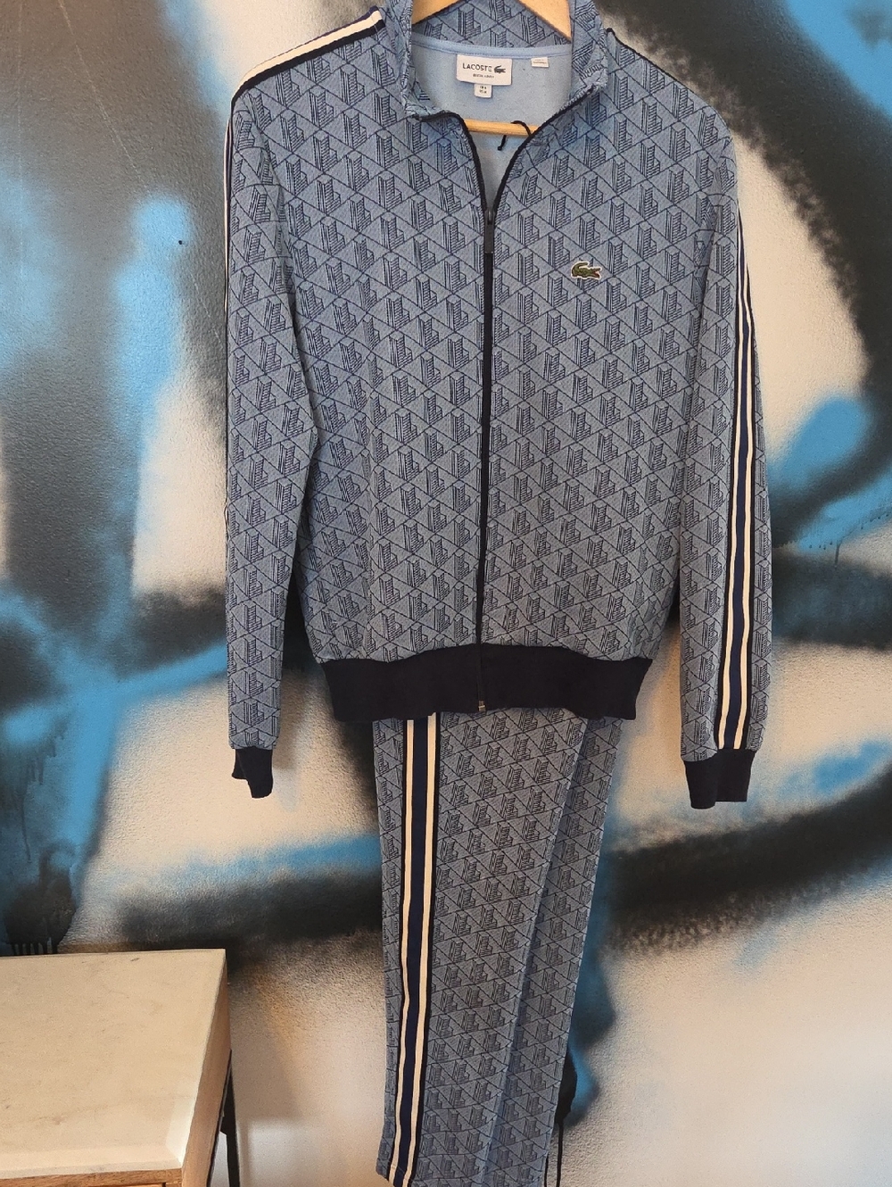 Lacoste Men's Light Blue Geometric Zip-Up Track Suit with Stripes